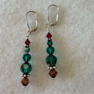 Swarovski 925 Sterling Silver Green and Red Crystal Beaded Drop Earrings NEW